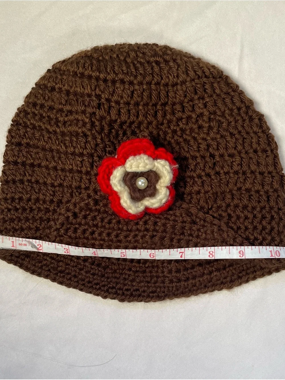 VTG Inspired Handmade Brown Crochet Cloche Hat with Flower Pearl Button Accent